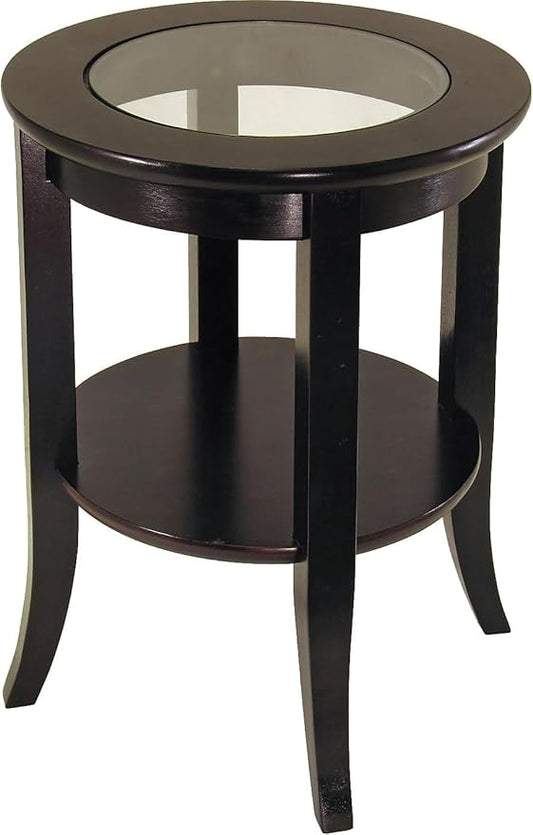Winsome Genoa End Table with Glass Top and Shelf in Espresso, Round Bedside Nightstand for Bedroom, Side or End Table for Couches in Living Room, Elegant Furniture for Any Home Decor