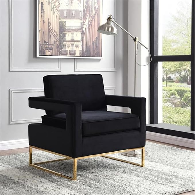 Meridian Furniture Modern | Contemporary Black Velvet Upholstered Accent Chair with Stainless Steel Base in a Rich Gold Finish, 33.5" W x 29.5" D x 35.5" H,