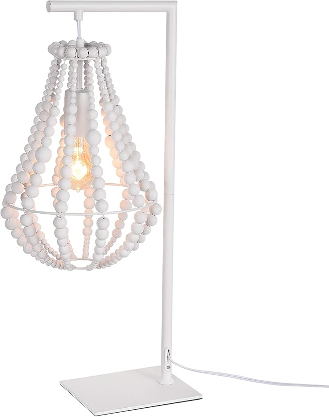 Boho Table Lamp for Bedroom, Wood Beaded Bedside Lamp, 1-Light, Farmhouse Desk Lamp, White Standing Lamp, Plug in Night Light for Night Table, Living Room