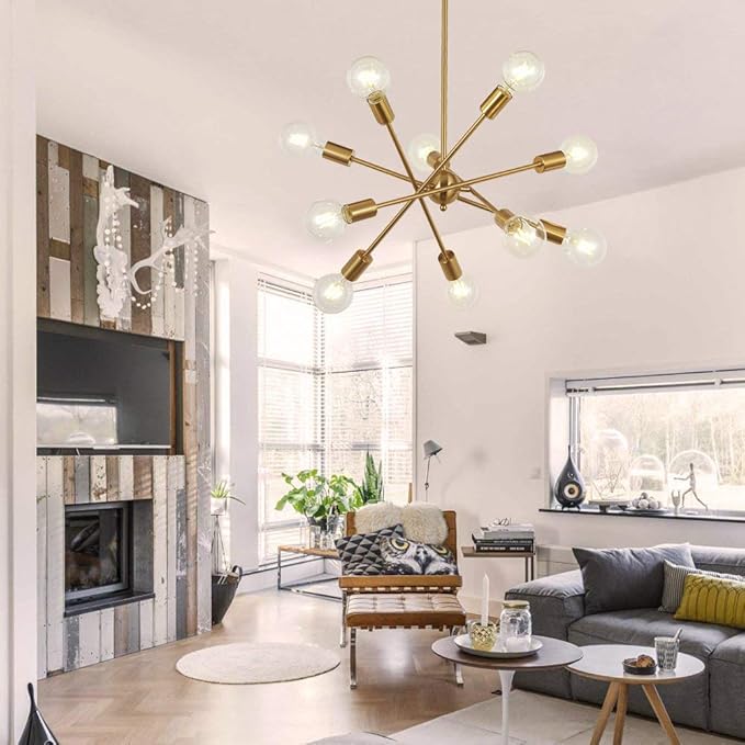 BONLICHT Modern 10 Light Sputnik Chandeliers Brushed Brass with Adjustable Arms Metal Kitchen Light Fixtures Gold Mid Century Pendant Lighting Vintage Industrial Ceiling Lights for Living Room