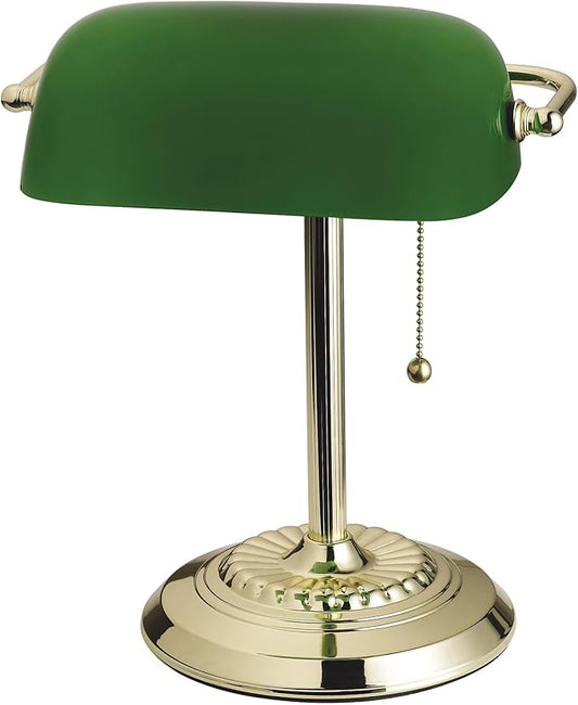 Catalina Lighting 17466-017 13.5'' Traditional Banker's Lamp Light Fixture with Green Glass Cylinder Shade for Office, Library, Living Room, or Dorm, Polished Brass