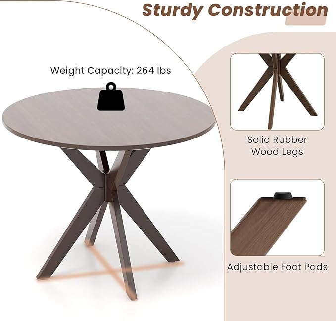 COSTWAY 36" Round Dining Table, Solid Wood Kitchen Table with Intersecting Pedestal Base and Adjustable Foot Pads for Home, Office, Small Space, Cafe, Bar