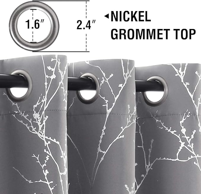 H.VERSAILTEX Blackout Curtains for Bedroom Foil Print Twig Tree Branch Thermal Insulated Grommet Curtain Drapes Light Blocking Thick Soft Window Curtains for Living 52 x 96 Inch, 2 Panels, Grey