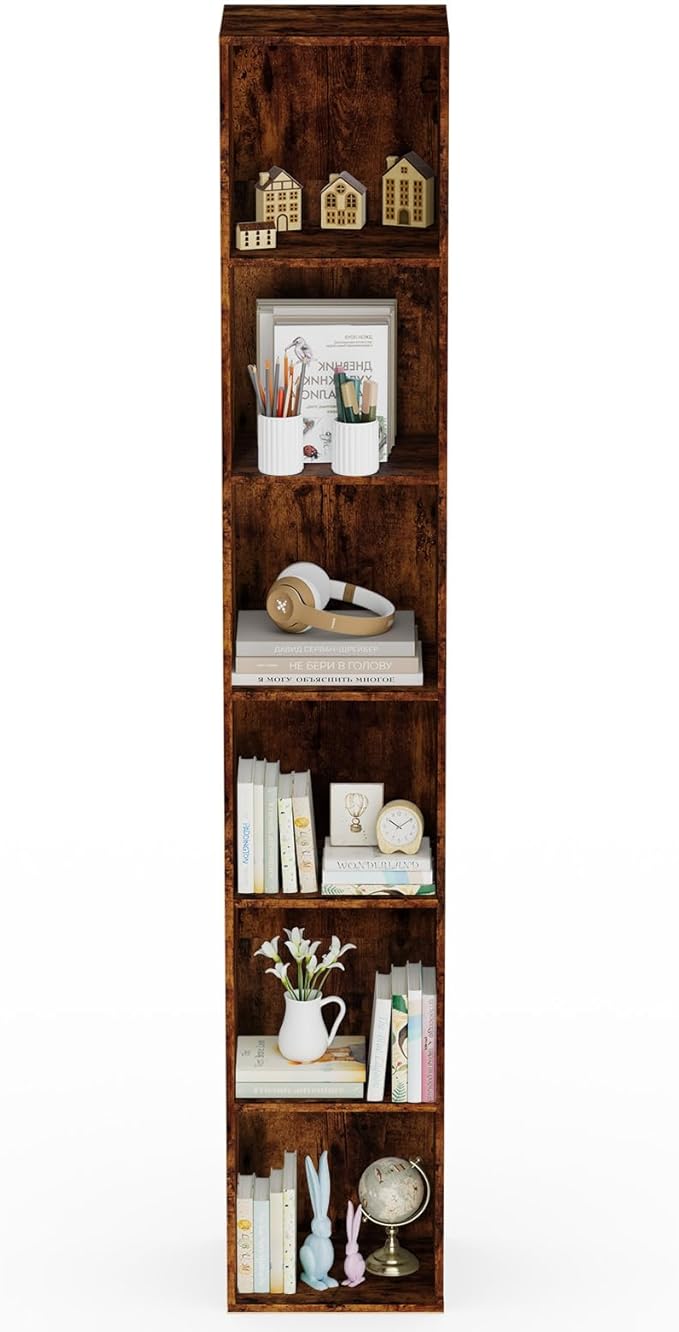 6 Tier Bookshelf, Open Tall Narrow Floor Standing Bookcase, Storage Organizer Bookshelves Freestanding Book Shelf for Living Room, Bedroom, Home Office (Retro Brown, 6 Cube)