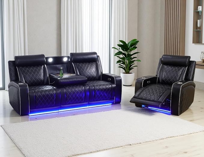 Leather Power Reclining Sofa Set, Home Theater Recliner Sofa & Chair with LED, Luxury Breathing Leather Reclining Couch Set with Cupholders/Charging/Head Lamp for Living Room/Office, 3+1,Black