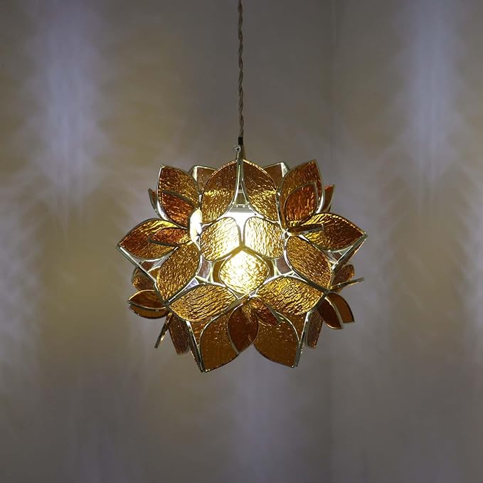 Bieye L11013 Petals Tiffany Style Stained Glass Ceiling Pendant Light for Home Decoration (Textured Amber, 12" Rose Lily)