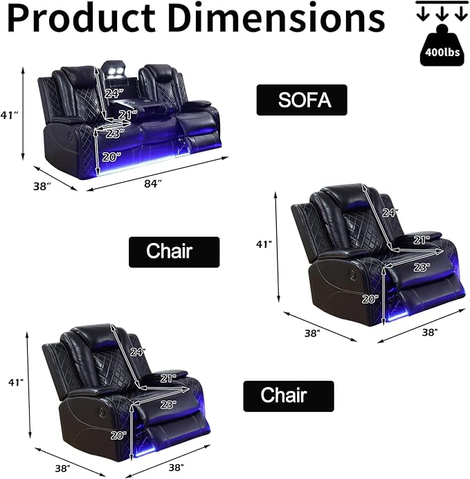 Power Leather Recliner Sofa Set with LED Light,Reclining Sofa and 2*Chairs Set with Coffee Table/USB Charger/Storage,Luxury Leather Couch for Living Room/Home Theater(3+1+1 Seats,Black)