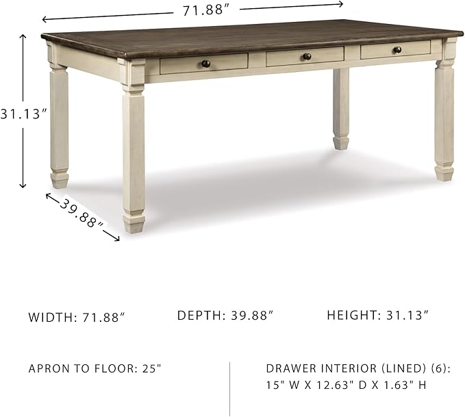 Signature Design by Ashley Bolanburg Farmhouse Rectangular Dining Table, 3 Drawers On Each Side, Seats 6, Wood, 71.88" W x 39.88" D x 31.13" H, Whitewash