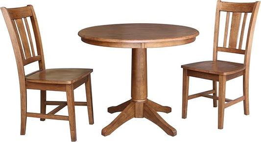 IC INTERNATIONAL CONCEPTS 36" Solid Wood Round Pedestal Table in Distressed Oak with 2 San Remo Chairs