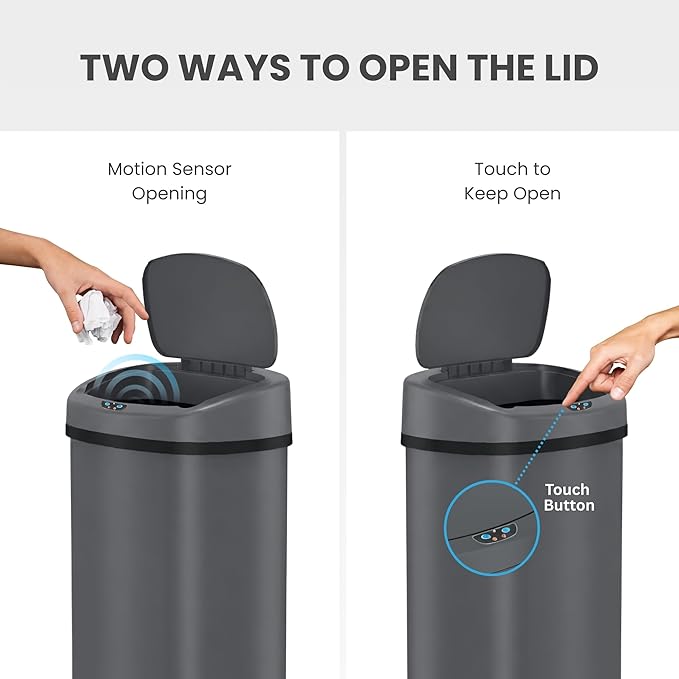 iTouchless 13 Gallon Oval Smart Bin with Odor Filter, 50L Touchless Stainless Steel Kitchen Trash Can, Automatic Motion Lid, Fingerprint-Proof, Executive Dark Metallic Finish, Gunmetal Gray