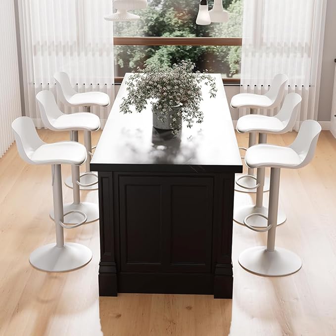 Kidol & Shellder Bar Stools Set of 6 Adjustable Counter Height Stools Modern PU Leather Swivel with Back Barstools Upholstered Kitchen Island Chairs（White）