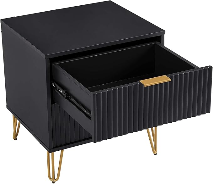 Manhattan Comfort Dumbo Modern Nightstand 2.0 with 2 Metal Feet | Splayed Gold Legs | Vertical Ribbed Design | No Tool Assembly Storage for Bedroom, Set of 2, Black