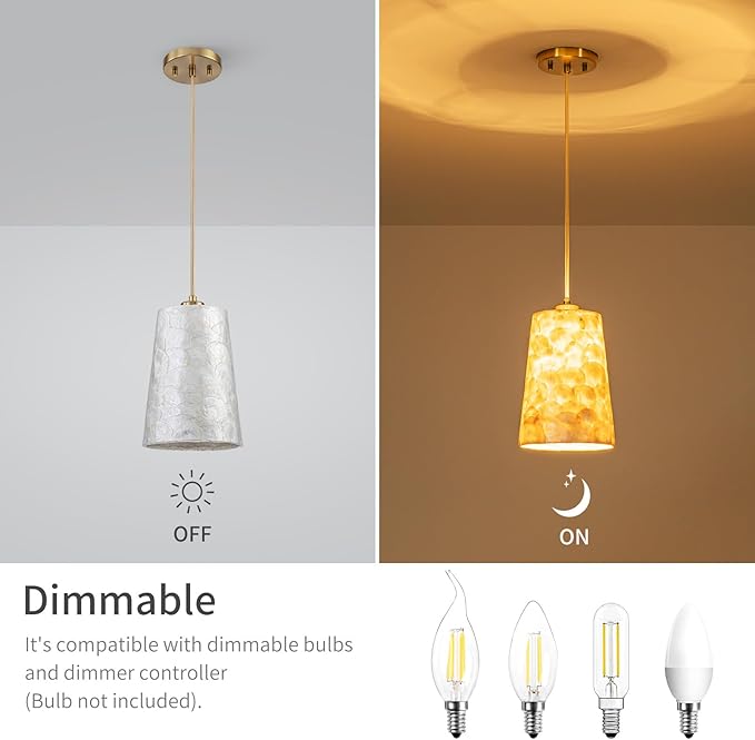 1-Light Capiz Shell Chandelier, 2PCS per Pack, Coastal Design Pendant Light Fixture for Dining Room, Kitchen Island, D7xH18~66"(Adjustable Height), Shell Lampshade & Gold Finish (2-Pack)