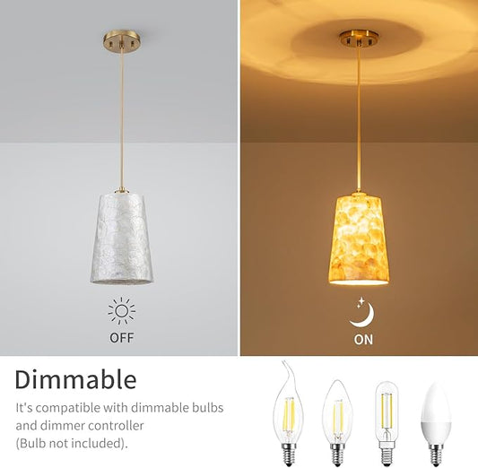 1-Light Capiz Shell Chandelier, 2PCS per Pack, Coastal Design Pendant Light Fixture for Dining Room, Kitchen Island, D7xH18~66"(Adjustable Height), Shell Lampshade & Gold Finish (2-Pack)