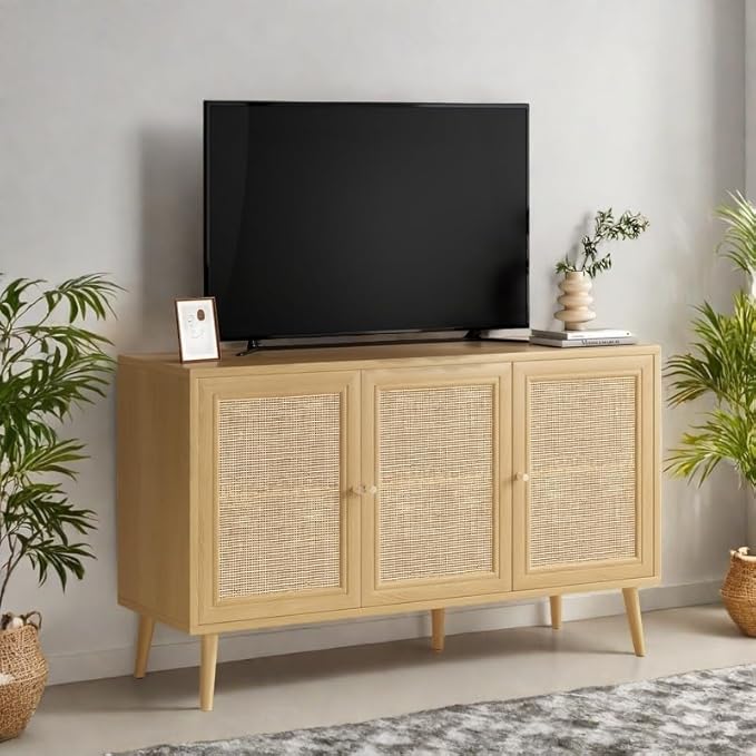 FONTOI Rattan Entryway Table, Entertainment Center with Adjustable Shelf, Sideboard Buffet Cabinet with 3 Rattan Doors, Modern Console Cabinet with Large Storage for Living Room, Kitchen, Brown