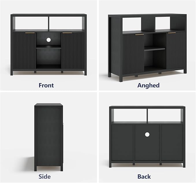 Sideboard Buffet Storage Cabinet, Modern Wood Sideboard with 2 Fluted Doors, Coffee Bar Buffet Table with 4 Large Open Shelf, Accent Storage Cabinet for Living Room Entryway, Black