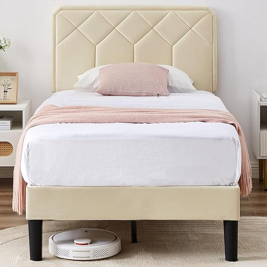 VECELO Twin Size Bed Frame Premium Velvet Upholstered Platform with Height Adjustable Headboard/Mattress Foundation, Solid Wooden Slat Support, No Box Spring Needed/Easy Assembly