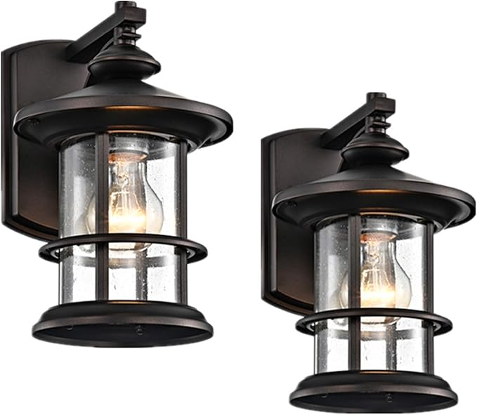 MICSIU 2 Pack 100W Max Rustic Cottage Outdoor Wall Light, 10 Inch Oil Rubbed Bronze Metal Exterior Sconce, Clear Seedy Glass Porch Light for Entryway, Garage, or Bathroom