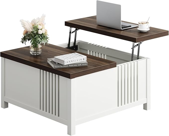 Farmhouse Lift Top Coffee Table with Storage, 35" Square Large Coffee Table with Hidden Compartment, Rustic Wood Center Table for Living Room, White