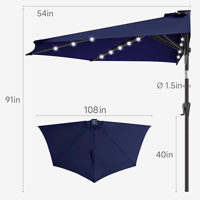 9ft Solar Half Umbrellas Outdoor - LED Half Patio Umbrella with 25 Lights, UV Protection Waterprool, Half Round Umbrella for Wall Balcony, Pool, Porch, Garden, Deck, Backyard, Navy Blue