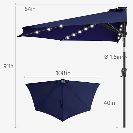 9ft Solar Half Umbrellas Outdoor - LED Half Patio Umbrella with 25 Lights, UV Protection Waterprool, Half Round Umbrella for Wall Balcony, Pool, Porch, Garden, Deck, Backyard, Navy Blue