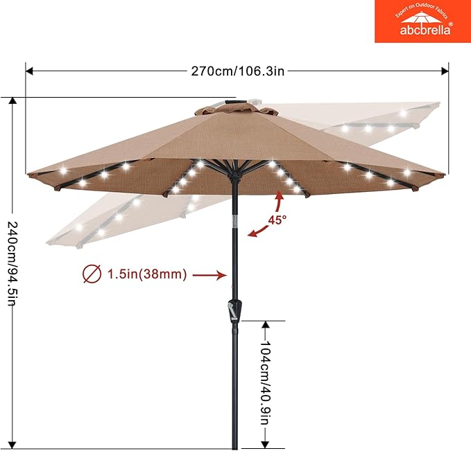 ABCCANOPY OLEFIN® 5-Year No Fading Patio Umbrella with Solar Lights (Coffee)