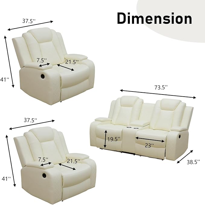 Power Recliner Sofa Set, Air Leather Reclining Couch with LED, Reclining Living Room Sofa and Loveseat Chair for House/Apartment/Office (Creamy White, LOVESEAT+2 Chairs)