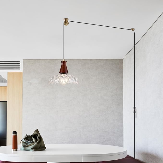 YLONG-ZS Plug in Pendant Light,8 Inch Glass Lampshade Hanging Lights with Plug in Cord Two Ways Switches Industrial Brass Pendant Lights with Plug in Cord for Bedroom