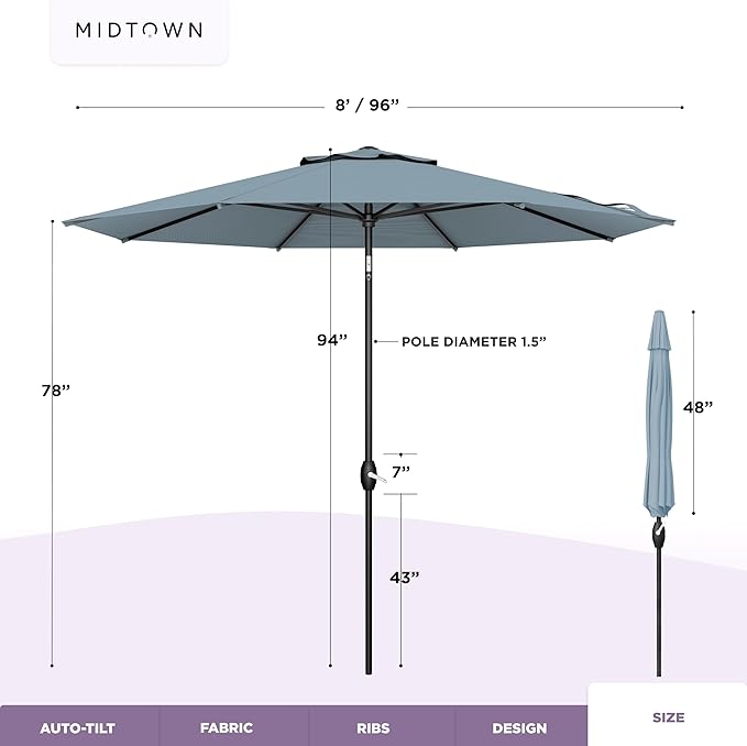 Midtown Umbrellas - The Lean 8 Ft Patio Umbrella with Fade-Resistant Sunbrella Fabric, Auto-Tilt Aluminum Frame and 8 Reinforced Ribs for Deck, Pool & Garden - Canvas Haze Canopy, Black Pole