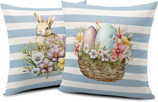 Striped White and Blue Easter Bunny Pillow Covers 16x16 Egg Pink Flower Pillows Cases Cute Bunny Pillow Covers Spring Holiday Decor for Indoors Couch Living Room in 2 Pcs