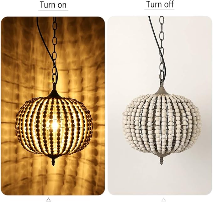 Newrays Wood Bead Chandelier Pendant Bohemian Boho Beachy Ceiling Lamp Light Fixtures (Gray White-Globe, 11.81 in*14.56 in)