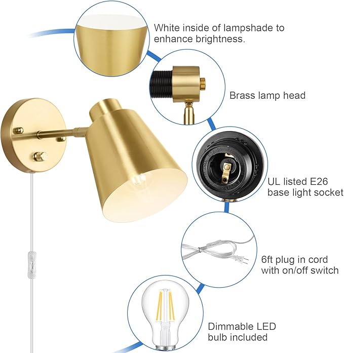 Dimmable Wall Sconce, Plug in Wall Sconce Adjustable Angle Wall Lights with Plug in Cord and Dimmer On/Off knob Switch, Gold Wall Mounted Light for Bedside Bedroom Doorway(1 Pack, 1 Bulb)