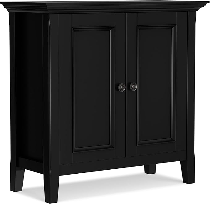 SIMPLIHOME Amherst 32-inch Wide Solid Wood Transitional-Style Low Storage Cabinet in Black for Living Room, Entryway, or Dining Area with Adjustable Shelves