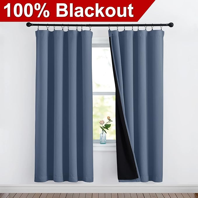 NICETOWN Full Shade Curtain Panels 72 inches Long, Pair of Energy Smart & Noise Blocking Out Blackout Drapes for Guest Room Window, Thermal Insulated Lined Window Dressing (Stone Blue, 52 inch)