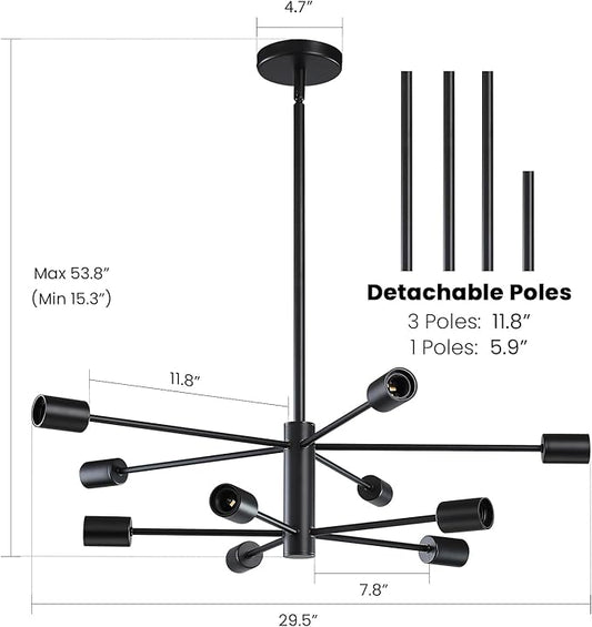 Modern Sputnik Chandeliers Light, 10-Light Black Chandeliers for Dining Room, E26 Height Adjustable Chandelier Ceiling Lighting Fixture for Farmhouse Kitchen Island Living Room Foyer