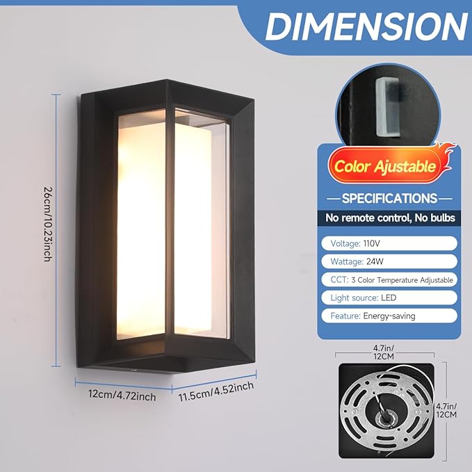 Outdoor Modern Wall Sconce Lights,15%-100% Dimmable Indoor Wall Light Fixtures,3000K/4000K/6500K Adjustable,24W Exterior Wall Lighting,Waterproof Outdoor Porch Light,2160LM Indoor Wall Sconce 1 Pack