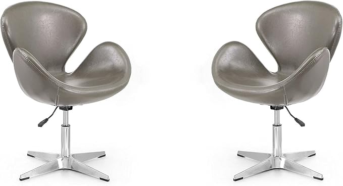 Manhattan Comfort Raspberry Adjustable Swivel Accent Chair Set of 2 with 360° Turn, Polished Chrome Base, Modern Retro Design, Ideal for Living Room and Home Office, Pebble Faux Leather