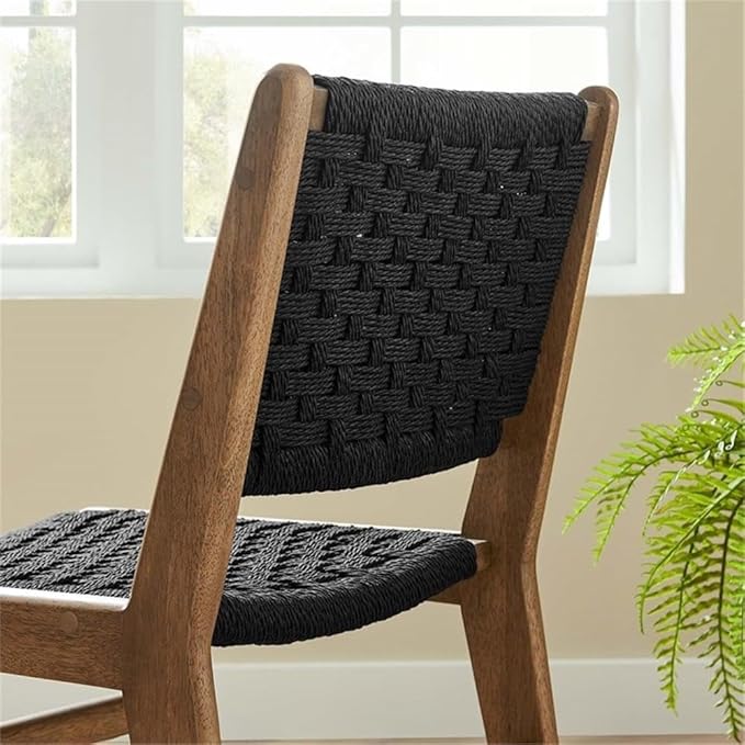 Modway Saoirse Woven Rope Wood Dining Side Chair in Walnutt Black