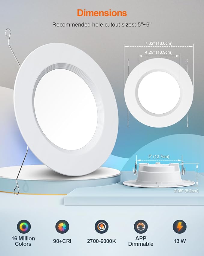 DUSKTEC Smart Recessed Lighting 6 Inch - RGBCW Color Changing LED 13W Can Light Retrofit Recessed Lights 1050 Lumen Dimmable Recess Light Compatible with Alexa & APP Recess Ceiling Lights 12 Pack
