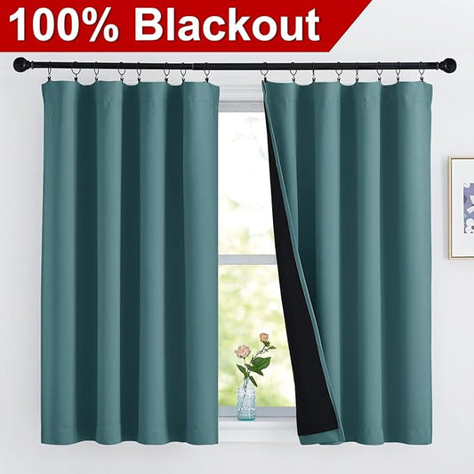 NICETOWN 100% Blackout Curtains with Black Liners, Thermal Insulated 2-Layer Lined Drapes, Room Warming Small Window Draperies for Dining Room (Sea Teal, 2 Panels, 52 inches W by 54 inches L)