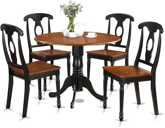 East West Furniture DLKE5-BCH-W 5 Piece Dining Room Furniture Set Includes a Round Dining Table with Dropleaf and 4 Wood Seat Chairs, 42x42 Inch, Black & Cherry