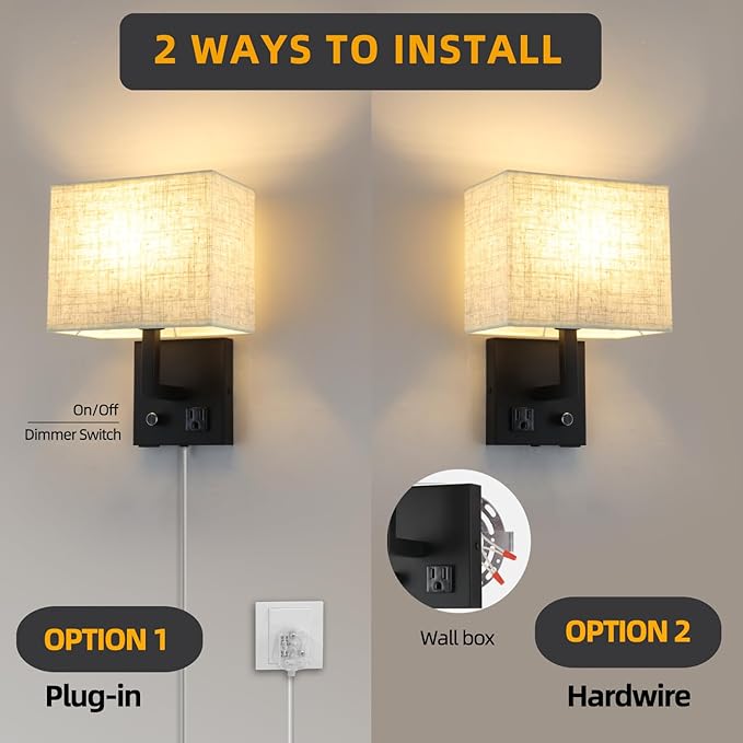 Bedside Wall Mount Light with Outlet and Dimmable Switch, Black Fabric Shade Wall Sconce Light with USB Port and Plug in Cord, Perfect for Bedroom, Living Room and Hotel…