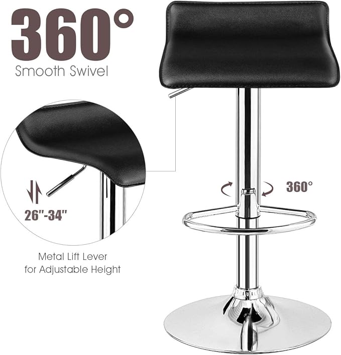 COSTWAY Bar Stools Set of 2, Modern Swivel Contemporary barstools with Adjustable Height, Footrests, Chrome Hydraulic PU Leather Backless Bar Chairs for Kitchen Island Cafe Pub, Black