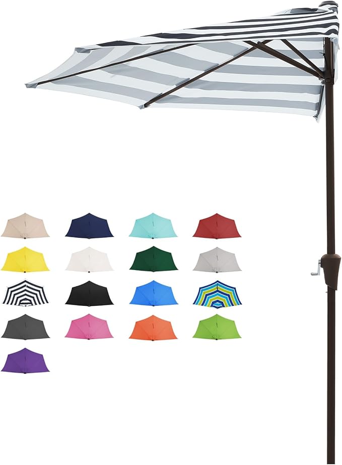 JEAREY 9ft Half Umbrella Outdoor Patio Umbrella Market Umbrellas with Crank, 1/2 Round Wall Umbrella 5 Sturdy Ribs UV Protection for Pool Garden Balcony Deck, Black & White Strip