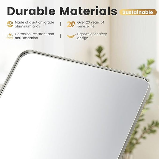 24X32 Inch Brushed Nickel Bathroom Mirror for Wall, Brushed Silver Metal Framed Mirror, Rounded Rectangle Silver Bathroom Mirrors, Tempered Glass, Anti-Rust, Hangs Horizontally or Vertically