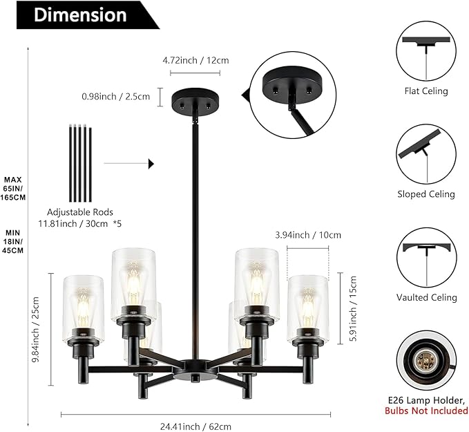 Modern Black Chandeliers for Dining Room, 6-Light Chandelier Light Fixture with Clear Glass Shades, Metal Hanging Pendant Lighting for Living Room, Kitchen, Staircase, Entryway