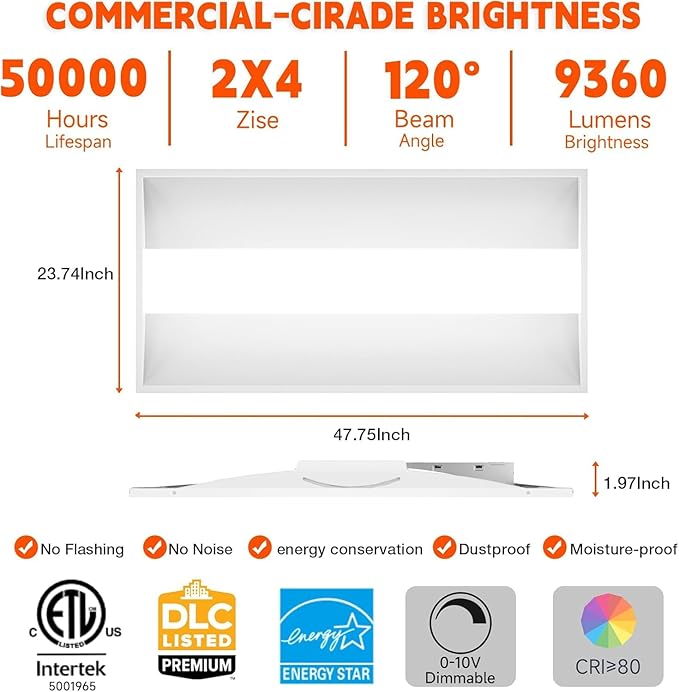 OKQ 2Pack 2x4 LED Troffer Center Basket Panel,5 Color Tunable 3500K/4000K/5000K, Watt Adjustable, 50W/60W/72W-Up to 10800 Lumens,0-10V Dimmable Recessed Back-Lit Drop Ceiling Light,ETL&DLC Qualified