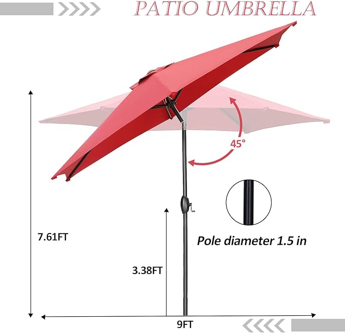 HYD-Parts 9FT Patio Umbrella Outdoor Table Umbrella,Market Umbrella with Push Button Tilt and Crank for Garden, Lawn, Deck, Backyard & Pool, No base (Red)