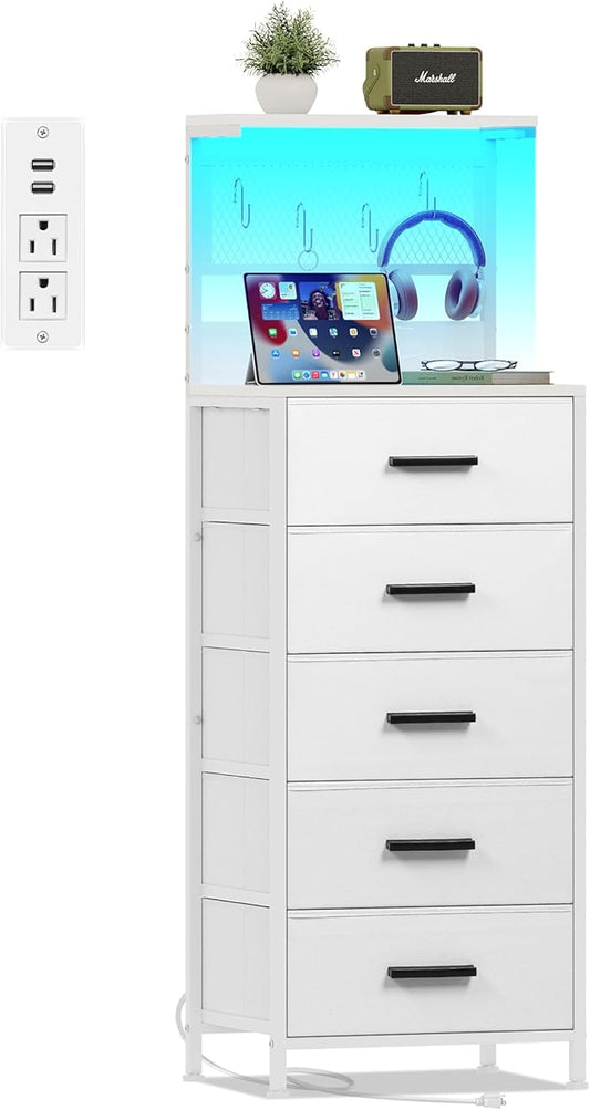 Nightstand 5 Drawer Dresser with LED Lights, Charging Station, Metal Mesh Shelf with Hooks, Vertical Side Table with Fabric Drawers, End Table, Tall Dresser for Bedroom, Entryway, White