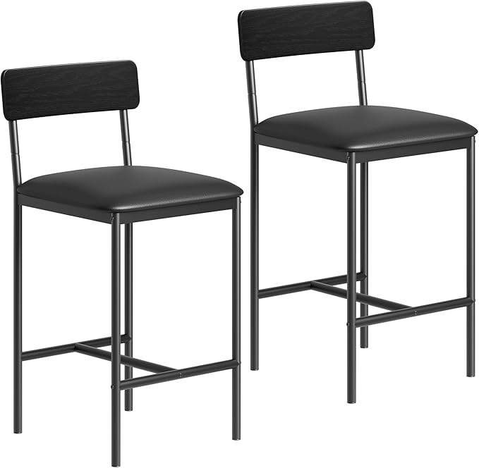 GAOMON Bar Stools Set of 2, Kitchen Bar Stools with Footrest, Black Metal Frame Upholstered PU Leather Bar Chairs with Footrest for Kitchen Island Home, Easy Assembly,Black
